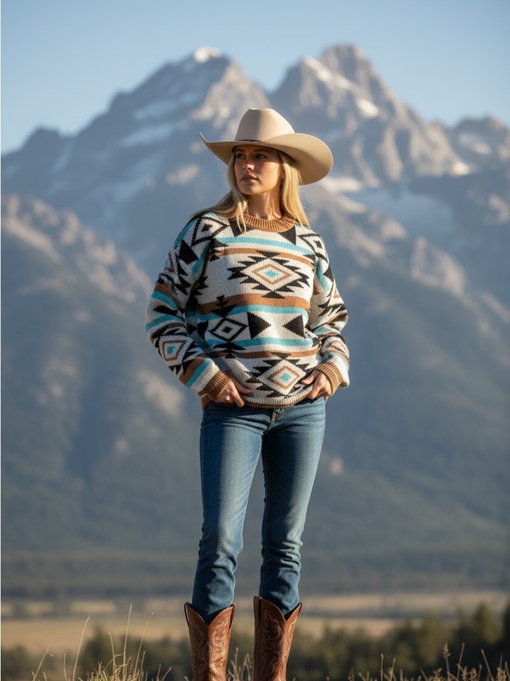 Sunshine & Rodeos Size XL Black Brown Multicolor Aztec Print Pullover Sweater